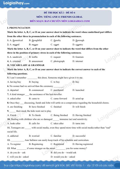 Đề thi học kì 2 Tiếng Anh 11 Friends Global - Đề số 4